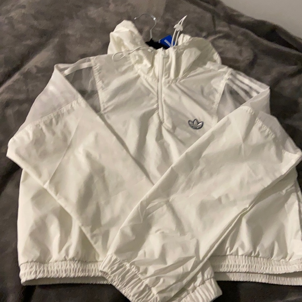 Adidas white wind breaker with jawstring waist tie